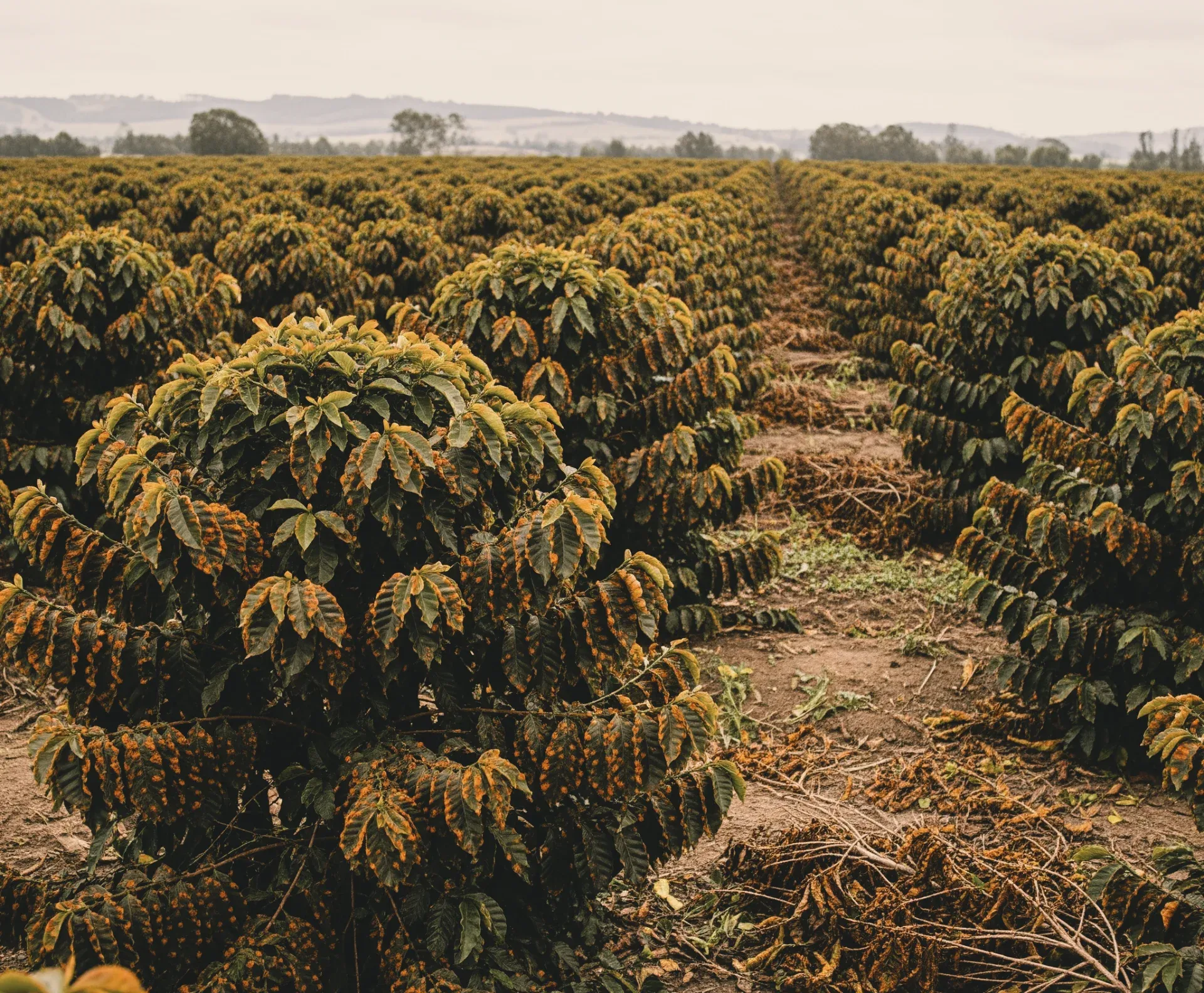A wide view of a coffee plantation under an overcast sky, where rows of coffee plants show widespread signs of coffee leaf rust on their leaves.