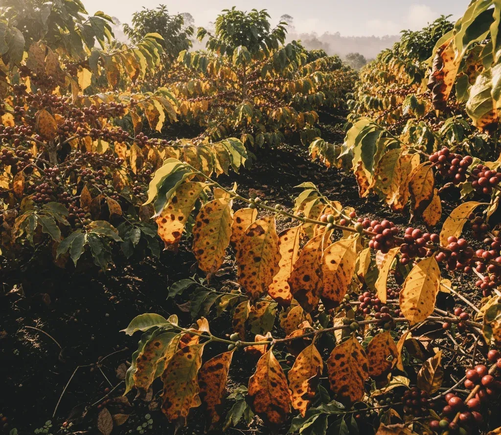 Coffee plants in a Nariño field with leaves showing widespread signs of yellowing and orange lesions from coffee leaf rust, with ripe red cherries.